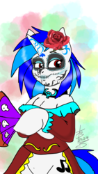 Size: 720x1280 | Tagged: safe, artist:theuzbee, dj pon-3, vinyl scratch, unicorn, semi-anthro, g4, arm hooves, catrina (calavera garbancera), clothes, cosplay, costume, dia de los muertos, fan, flower, holliday, makeup, mexico, red dress, red eyes, request, rose, wrong eye color