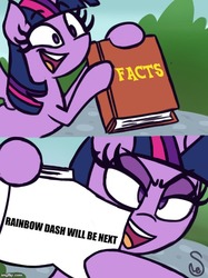 Size: 500x667 | Tagged: safe, artist:quarium edits, rainbow dash, twilight sparkle, alicorn, pony, g4, interseason shorts, exploitable meme, meme, twilight sparkle (alicorn), twilight's fact book