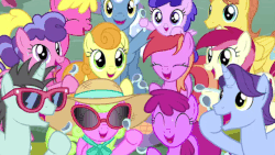 Size: 640x360 | Tagged: safe, screencap, autumn fields, berry blend, berry bliss, berry punch, berryshine, blooming harvest, carrot top, cherry berry, daisy, flower wishes, golden harvest, neon lights, november rain, plumberry, pokey pierce, rising star, roseluck, warm front, earth pony, pegasus, pony, unicorn, g4, interseason shorts, sundae sundae sundae, animated, dexterous hooves, female, filly, foal, friendship student, gif, happy, hat, hoof hold, looking at you, male, mare, smiling, spoon, stallion, sunglasses