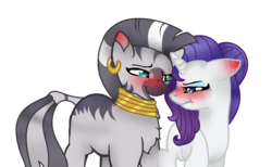 Size: 1024x632 | Tagged: safe, artist:chaoscy, rarity, zecora, pony, unicorn, zebra, g4, alternate hairstyle, bedroom eyes, blushing, chest fluff, ear piercing, earring, eyeshadow, female, freckles, interspecies, jewelry, lesbian, makeup, mare, missing cutie mark, neck rings, piercing, quadrupedal, raricora, shipping, simple background, transparent background, tsundere