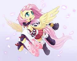 Size: 1280x1028 | Tagged: safe, artist:dstears, fluttershy, pegasus, pony, g4, boots, clothes, crossover, female, flower petals, flying, game, gradient background, honkai impact 3rd, looking at something, looking up, mare, miko, miniskirt, mobile game, open mouth, petals, plaid skirt, pleated skirt, shoes, skirt, smiling, socks, solo, spread wings, thigh highs, turned head, wings, yae sakura