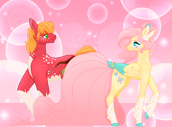 Size: 1280x940 | Tagged: safe, artist:geekyshittydrawer, big macintosh, fluttershy, earth pony, pegasus, pony, g4, abstract background, alternate cutie mark, alternate design, bubble, cloven hooves, coat markings, colored hooves, colored pupils, colored wings, feathered fetlocks, female, freckles, huge tail, looking at each other, male, mare, markings, pale belly, ship:fluttermac, shipping, shoulder freckles, socks (coat markings), stallion, straight, tail feathers, wavy mouth
