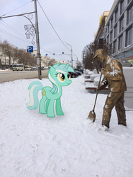 Size: 2448x3264 | Tagged: safe, artist:albertuha, lyra heartstrings, pony, unicorn, g4, female, high res, irl, mare, photo, ponies in real life, snow, solo, statue, winter