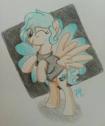 Size: 1224x1481 | Tagged: safe, artist:prinrue, oc, oc only, oc:snap happy, pegasus, pony, clothes, female, freckles, mare, one eye closed, raised hoof, rearing, shirt, solo, t-shirt, traditional art, wink