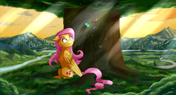 Size: 3000x1620 | Tagged: safe, artist:lorenz3, artist:notaletolivefor, fluttershy, butterfly, pegasus, pony, g4, crepuscular rays, female, folded wings, looking at something, looking up, mare, mountain, outdoors, river, scenery, sitting, smiling, solo, tree, turned head, under the tree, wings