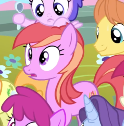 Size: 1147x1159 | Tagged: safe, screencap, autumn fields, berry punch, berryshine, blooming harvest, junebug, november rain, plumberry, roseluck, warm front, earth pony, pegasus, pony, g4, sundae sundae sundae, spoiler:interseason shorts, background pony, cropped, dexterous hooves, duo focus, female, filly, foal, friendship student, hoof hold, mare, spoon