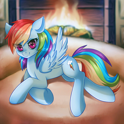 Size: 1100x1100 | Tagged: safe, artist:pink-pinktooth, rainbow dash, pegasus, pony, g4, female, fireplace, looking at you, mare, smiling, solo, underhoof