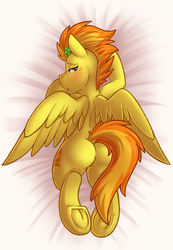 Size: 2766x4000 | Tagged: safe, artist:denzel, artist:sugaryviolet, spitfire, pegasus, pony, g4, anatomically incorrect, blushing, body pillow, body pillow design, butt, female, firebutt, frog (hoof), humanoid torso, incorrect leg anatomy, looking back, mare, plot, solo, underhoof