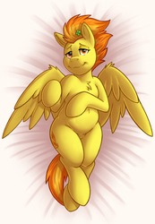 Size: 2766x4000 | Tagged: safe, artist:denzel, artist:sugaryviolet, spitfire, pegasus, pony, semi-anthro, g4, arm hooves, belly, blushing, body pillow, body pillow design, clover, female, four leaf clover, human shoulders, mare, solo