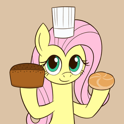 Size: 1600x1600 | Tagged: safe, artist:sazanamibd, fluttershy, pony, g4, bread, cute, female, food, looking at you, mare, shyabetes, simple background, smiling, solo