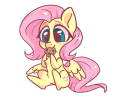 Size: 839x665 | Tagged: safe, artist:oofycolorful, fluttershy, pegasus, pony, g4, chest fluff, chibi, cookie, cute, daaaaaaaaaaaw, eating, female, food, hoof hold, mare, nom, shyabetes, simple background, sitting, solo, spread wings, white background, wings