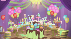 Size: 2880x1594 | Tagged: safe, screencap, g4, interseason shorts, sundae sundae sundae, balloon, bucket, food, ice cream, melted ice cream, no pony, table