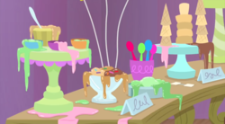 Size: 2880x1588 | Tagged: safe, screencap, g4, interseason shorts, sundae sundae sundae, balloon, food, ice cream, ice cream cone, melted ice cream, no pony, spoon, table