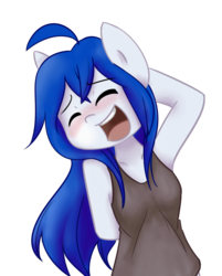 Size: 1233x1536 | Tagged: safe, artist:spheedc, oc, oc only, oc:light chaser, earth pony, semi-anthro, ahoge, bipedal, blue hair, blushing, clothes, digital art, embarrassed, female, mare, simple background, solo, tank top, transparent background
