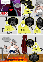 Size: 800x1133 | Tagged: safe, artist:imbriaart, human, comic:magic princess war, bill cipher, clothes, comic, crossover, fire, gravity falls, grunkle stan, male, treadmill