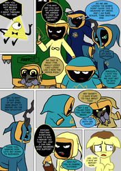 Size: 800x1133 | Tagged: safe, artist:imbriaart, pony morty, queen chrysalis, changeling, demon, earth pony, human, pony, comic:magic princess war, g4, grannies gone wild, bill cipher, clothes, comic, crossover, eric cartman, gravity falls, kappa, ludo avarius, male, morty smith, ponified, rick and morty, south park, star vs the forces of evil