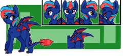 Size: 700x307 | Tagged: safe, artist:shimale, oc, oc only, oc:centreus feathers, dracony, hybrid, original species, pegasus, pony, chest fluff, commission, cute, dragon hybrid, dragon wings, emotions, eye scar, female, heterochromia, hoofclaw, mare, reference sheet, scar, simple background, smiling, solo, standing, ych result