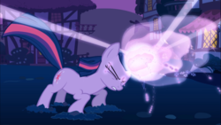 Size: 1669x938 | Tagged: safe, screencap, twilight sparkle, pony, unicorn, boast busters, g4, eyes closed, female, glowing horn, gritted teeth, horn, magic, mare, solo, sparking horn, struggling, unicorn twilight