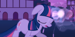 Size: 1111x558 | Tagged: safe, screencap, twilight sparkle, pony, unicorn, boast busters, g4, cropped, eyes closed, female, floppy ears, glowing horn, horn, open mouth, solo, tired, unicorn twilight