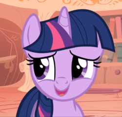 Size: 981x938 | Tagged: safe, screencap, twilight sparkle, pony, unicorn, boast busters, g4, cropped, embarrassed, female, golden oaks library, open mouth, smiling, solo, unicorn twilight