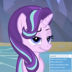 Size: 1084x1080 | Tagged: safe, edit, edited screencap, editor:apex soundwave, screencap, starlight glimmer, pony, derpibooru, g4, context is for the weak, female, glimmerposting, mare, meta, milestone, needs more jpeg, shitposting, smug, smuglight glimmer, solo, tags, top 5