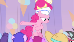 Size: 1368x770 | Tagged: safe, screencap, pinkie pie, earth pony, pony, g4, interseason shorts, sundae sundae sundae, bipedal, curtains, female, food, hat, ice cream, lidded eyes, mare, smiling, solo focus