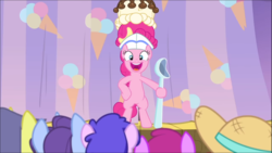 Size: 1368x770 | Tagged: safe, screencap, berry punch, berryshine, comet tail, november rain, pinkie pie, plumberry, earth pony, pony, g4, interseason shorts, sundae sundae sundae, background pony, bipedal, curtains, female, friendship student, hat, hooves on hips, mare, open mouth, smiling, solo focus, spoon
