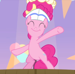 Size: 703x694 | Tagged: safe, screencap, pinkie pie, earth pony, pony, g4, interseason shorts, sundae sundae sundae, bipedal, cropped, cute, diapinkes, eyes closed, female, grin, hat, mare, raised hoof, smiling, solo, underhoof