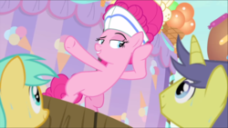 Size: 1366x770 | Tagged: safe, screencap, pinkie pie, earth pony, pony, g4, interseason shorts, sundae sundae sundae, bipedal, curtains, female, hat, listening, mare, raised eyebrow, smiling, smirk, smug, solo focus, sweat, underhoof