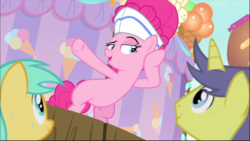 Size: 1368x771 | Tagged: safe, screencap, pinkie pie, earth pony, pony, g4, interseason shorts, sundae sundae sundae, bipedal, curtains, female, hat, listening, mare, raised eyebrow, smiling, smirk, smug, solo focus, sweat, underhoof