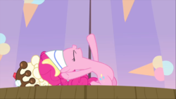 Size: 1366x769 | Tagged: safe, screencap, pinkie pie, earth pony, pony, g4, interseason shorts, sundae sundae sundae, curtains, eyes closed, female, hat, mare, open mouth, power slide, underhoof