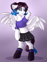 Size: 1600x2100 | Tagged: safe, artist:villjulie, oc, oc only, oc:ice energy, pegasus, pony, semi-anthro, belly, bipedal, clothes, crossdressing, cute, femboy, male, midriff, pleated skirt, ponytail, pose, skirt, socks, ych result