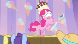 Size: 1367x771 | Tagged: safe, screencap, comet tail, november rain, pinkie pie, earth pony, pony, g4, sundae sundae sundae, spoiler:interseason shorts, background pony, curtains, eyes closed, female, friendship student, hat, mare, smiling, solo focus, spoon, standing, standing on one leg