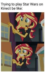 Size: 298x473 | Tagged: safe, edit, edited screencap, editor:apex soundwave, screencap, sunset shimmer, equestria girls, g4, my little pony equestria girls: better together, opening night, opening night: twilight sparkle, caption, director shimmer, female, headset, image macro, solo, text