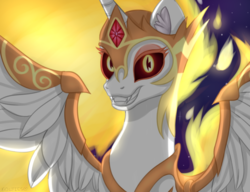 Size: 864x662 | Tagged: safe, artist:chippiepuff, daybreaker, alicorn, pony, g4, armor, evil, evil grin, fangs, female, grin, looking at you, mane of fire, mare, smiling, solo, spread wings, wings