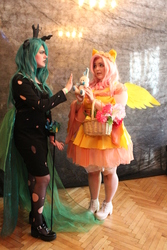 Size: 3456x5184 | Tagged: safe, fluttershy, queen chrysalis, human, g4, clothes, convention, cosplay, costume, cyrillic, irl, irl human, photo, russian