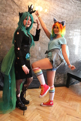 Size: 3456x5184 | Tagged: safe, queen chrysalis, rainbow dash, human, g4, clothes, convention, converse, cosplay, costume, cyrillic, irl, irl human, photo, russian, shoes