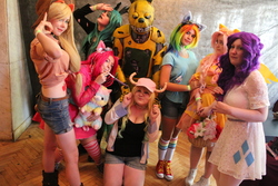 Size: 5184x3456 | Tagged: safe, applejack, fluttershy, pinkie pie, queen chrysalis, rainbow dash, rarity, human, g4, clothes, convention, converse, cosplay, costume, cyrillic, five nights at freddy's, irl, irl human, lucoa, miss kobayashi's dragon maid, photo, quetzalcoatl (miss kobayashi's dragon maid), russian, shoes, springtrap