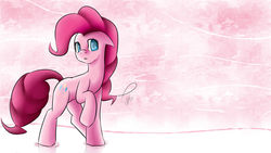 Size: 1920x1080 | Tagged: safe, artist:konik006, pinkie pie, earth pony, pony, g4, colored pupils, female, floppy ears, raised hoof, signature, solo, wallpaper