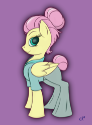 Size: 1928x2632 | Tagged: safe, artist:luxsimx, fluttershy, pegasus, pony, fake it 'til you make it, g4, alternate hairstyle, clothes, female, hair bun, hoodie, looking at you, purple background, severeshy, simple background, solo