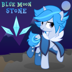 Size: 2000x2000 | Tagged: safe, artist:tacobender, oc, oc only, pony, unicorn, blue fur, blue hair, clothes, commission, cute, diamonds, high res, moon, mountain, night, show accurate, socks, solo, vector, winter outfit
