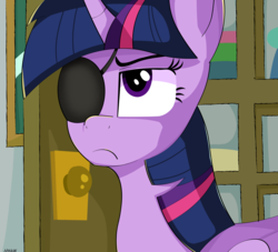 Size: 2200x2000 | Tagged: safe, artist:n0kkun, twilight sparkle, alicorn, pony, friendship university, g4, disguise, eyepatch, eyepatch (disguise), female, high res, scene interpretation, solo, twilight sparkle (alicorn)