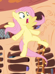 Size: 519x702 | Tagged: safe, screencap, fluttershy, pegasus, pony, g4, magic duel, book, cropped, female, flying, golden oaks library, ladder, open mouth, screaming, solo, spread wings, wings