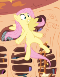 Size: 596x770 | Tagged: safe, screencap, fluttershy, pegasus, pony, g4, magic duel, book, cropped, female, flying, golden oaks library, gritted teeth, ladder, mare, scared, solo, spread wings, underhoof, wide eyes, wings