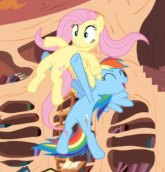 Size: 728x760 | Tagged: safe, screencap, fluttershy, rainbow dash, pegasus, pony, g4, magic duel, book, cropped, duo, eyes closed, female, flying, golden oaks library, holding a pony, ladder, smiling