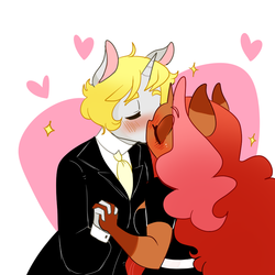 Size: 900x900 | Tagged: safe, artist:ruhianna, oc, oc only, oc:celestial stream, oc:romancedy, unicorn, anthro, date, duo, eyes closed, female, heart, holding hands, holiday, horn, kissing, male, straight, valentine's day