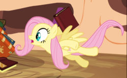 Size: 968x595 | Tagged: safe, screencap, fluttershy, pegasus, pony, g4, magic duel, book, cropped, female, golden oaks library, mare, midair, open mouth, scared, solo, wide eyes