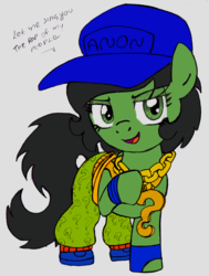 Size: 754x1000 | Tagged: safe, artist:lockhe4rt, edit, editor:anonymous, oc, oc only, oc:filly anon, earth pony, pony, clothes, dialogue, female, filly, gray background, hat, pants, simple background, solo