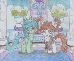 Size: 1407x1174 | Tagged: safe, artist:nephilim rider, oc, oc:anny wintercoat, oc:sparkbolt, pony, clothes, coat, female, filly, nephilim, school of friendship, traditional art