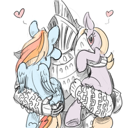 Size: 425x425 | Tagged: safe, artist:fixablom, rainbow dash, oc, human, pony, g4, anatomically incorrect, armor, crossover, cuddling, cute, dark souls, havel the rock, heart, holding a pony